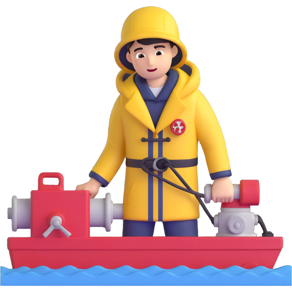 Close-up of sailor in raincoat operating winch to retrieve sediment samples from rough sea emoji