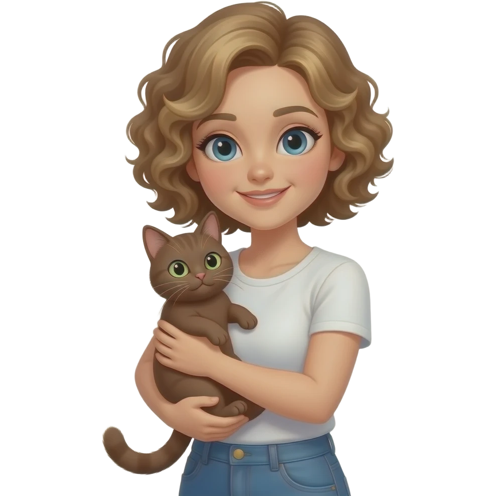 A woman with curly short brown and blonde hair with white skin hugging a european brown cat whit green/grey eyes emoji