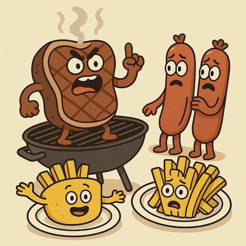 beef sirloin steak sausages on a bbq french fries potato plates   emoji