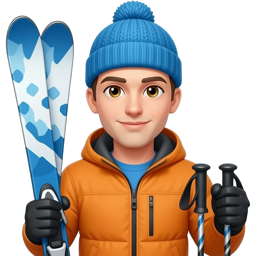 man, clean shaved, holding blue and white patterned skis in one hand and 2 poles in the other, no helment, hazel eyes, organge jacket, bright blue wooly hat emoji