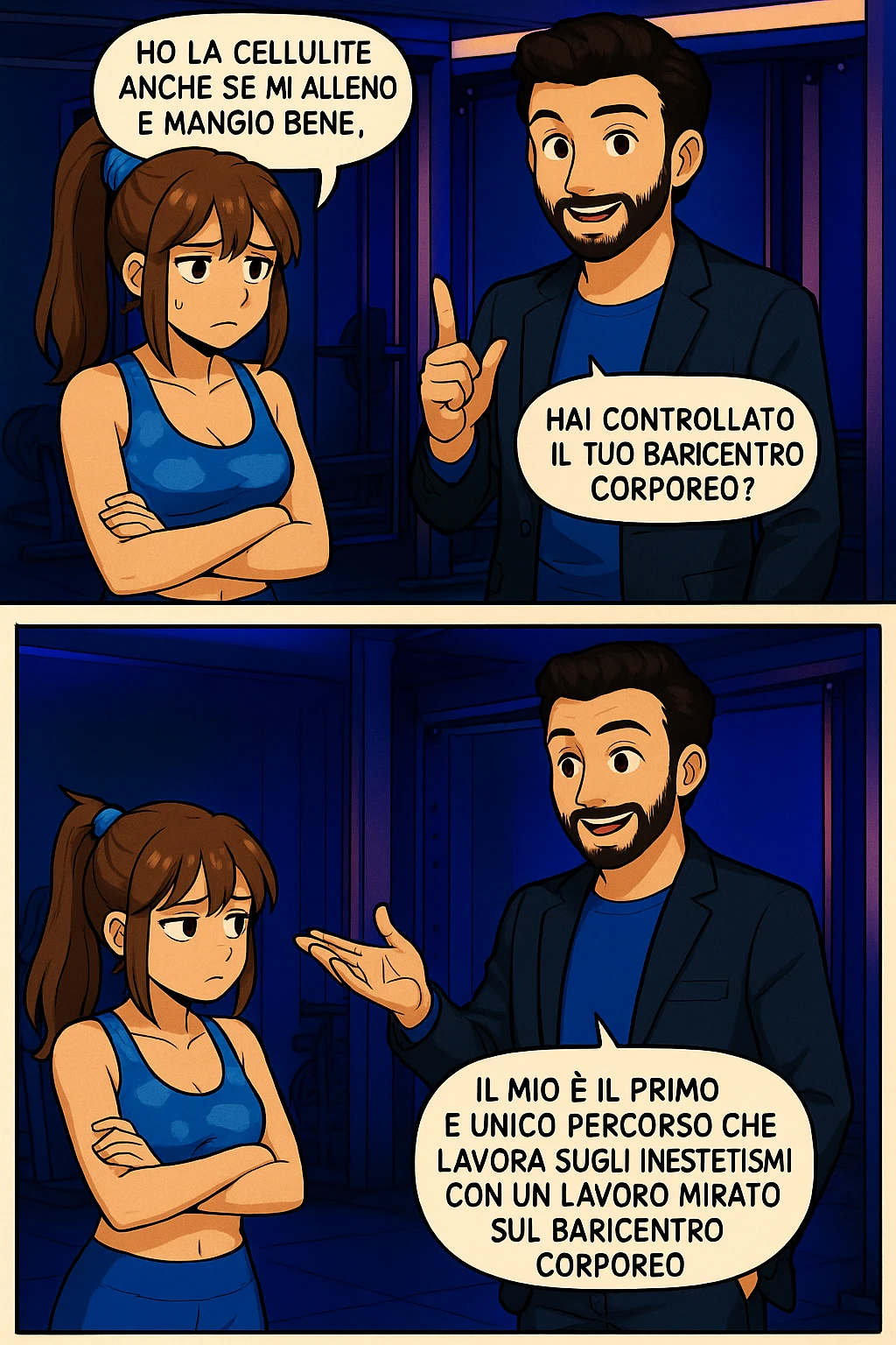 TRASFORMA QUESTO CAROSELLO IN UN FUMETTO STILE MANGA A COLORI CON QUESTE DUE PERSONE IDENTICHE CHE INTERLOQUISCONO TRA LORO:

LUI (UOMO): Smettila di continuare ad allenarti come hai sempre fatto perché, oltre ad inestetismi visibili, corri un aumentato rischio di:
    • dolori e rigidità diffuse
    • disturbi pavimento pelvico
    • stanchezza cronica o insonnia
    • pancia gonfia e reflusso (bruciore)
    • etc… emoji