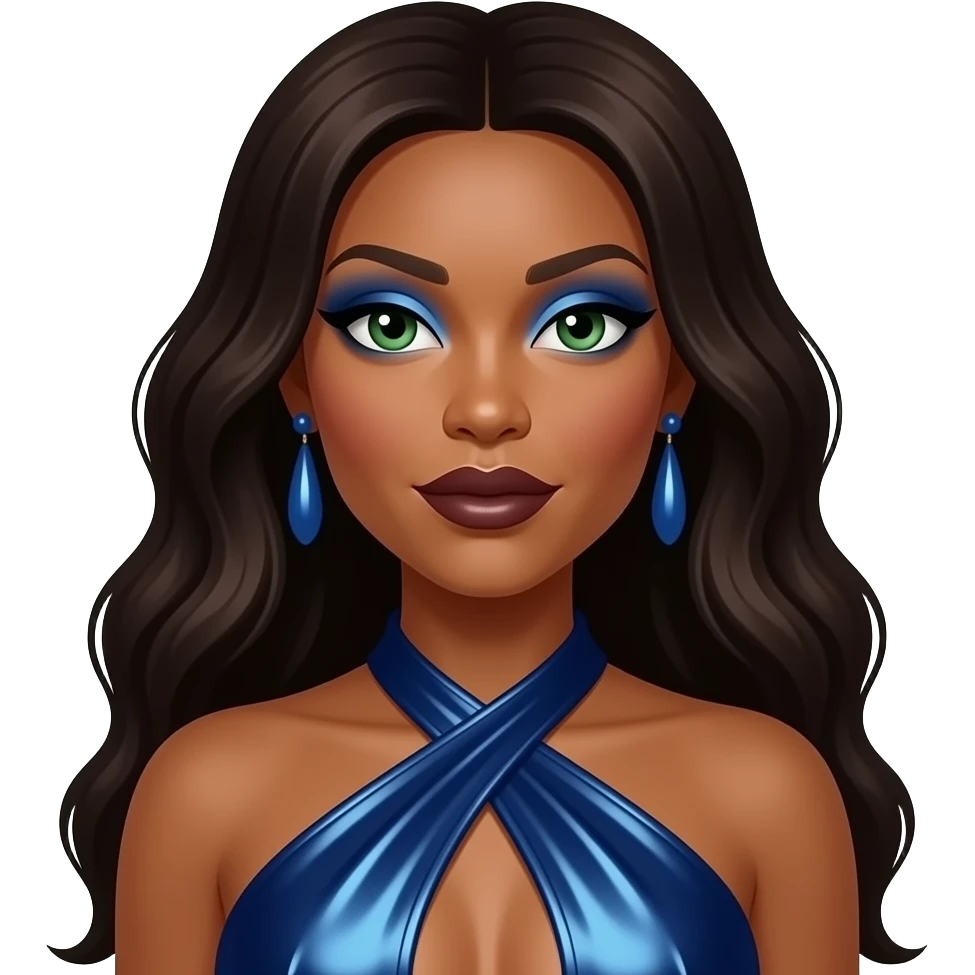 Erykah Badu with green eyes, long dark brown hair, blue eyeshadow, dark brown lipstick, deep blue metallic halter dress, blue earrings emoji