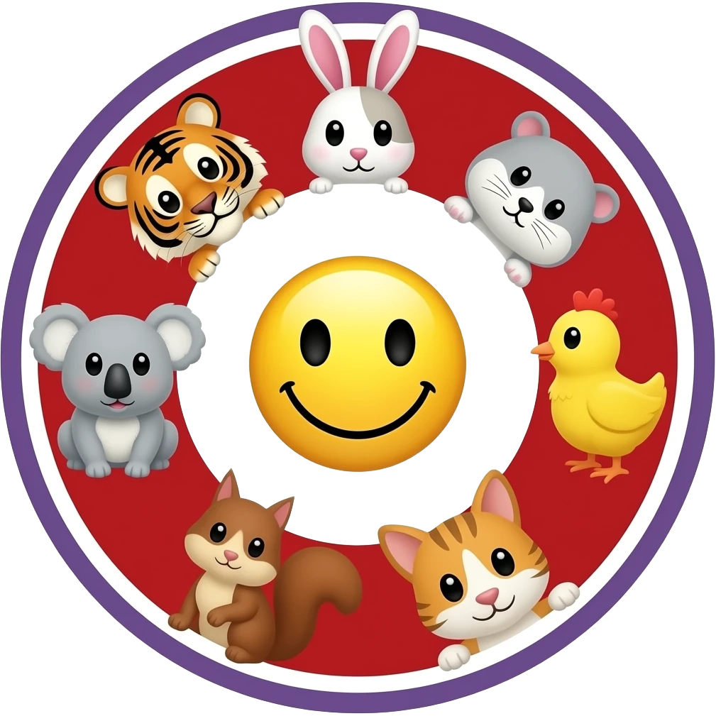 emoji yellow smiley in the center serounded in circle  🐯🐰🐹🐨🐥🐿 🐈 red and white background, with purple circle line emoji