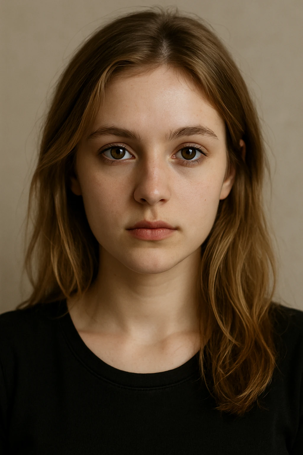 portrait of a white girl with dirty blond hair, hazel eyes, wearing a black top, neutral background emoji