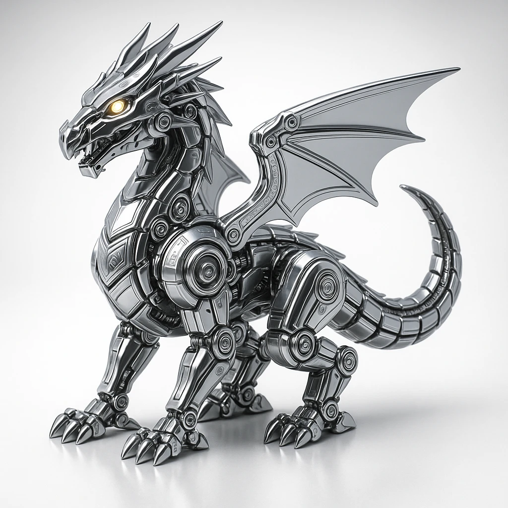 mechanical robotic dragon with chrome plating, glowing eyes, intricate gears and joints, dramatic 1:1 scene emoji