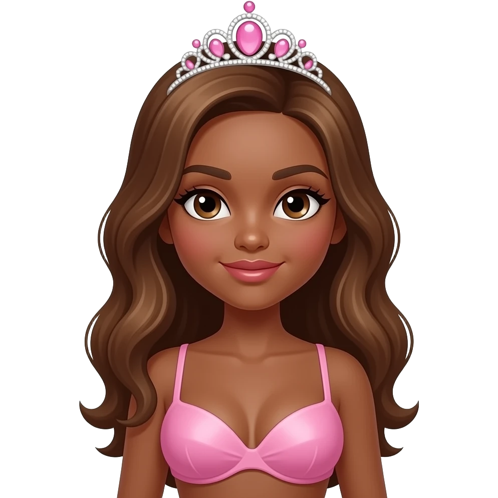 hair with pink tiara, Dark brown eyebrows,Dark brown skin, Doll shaped face, doll eyes, wavy with side part longer straightened honey brown hair, big breast no bra emoji