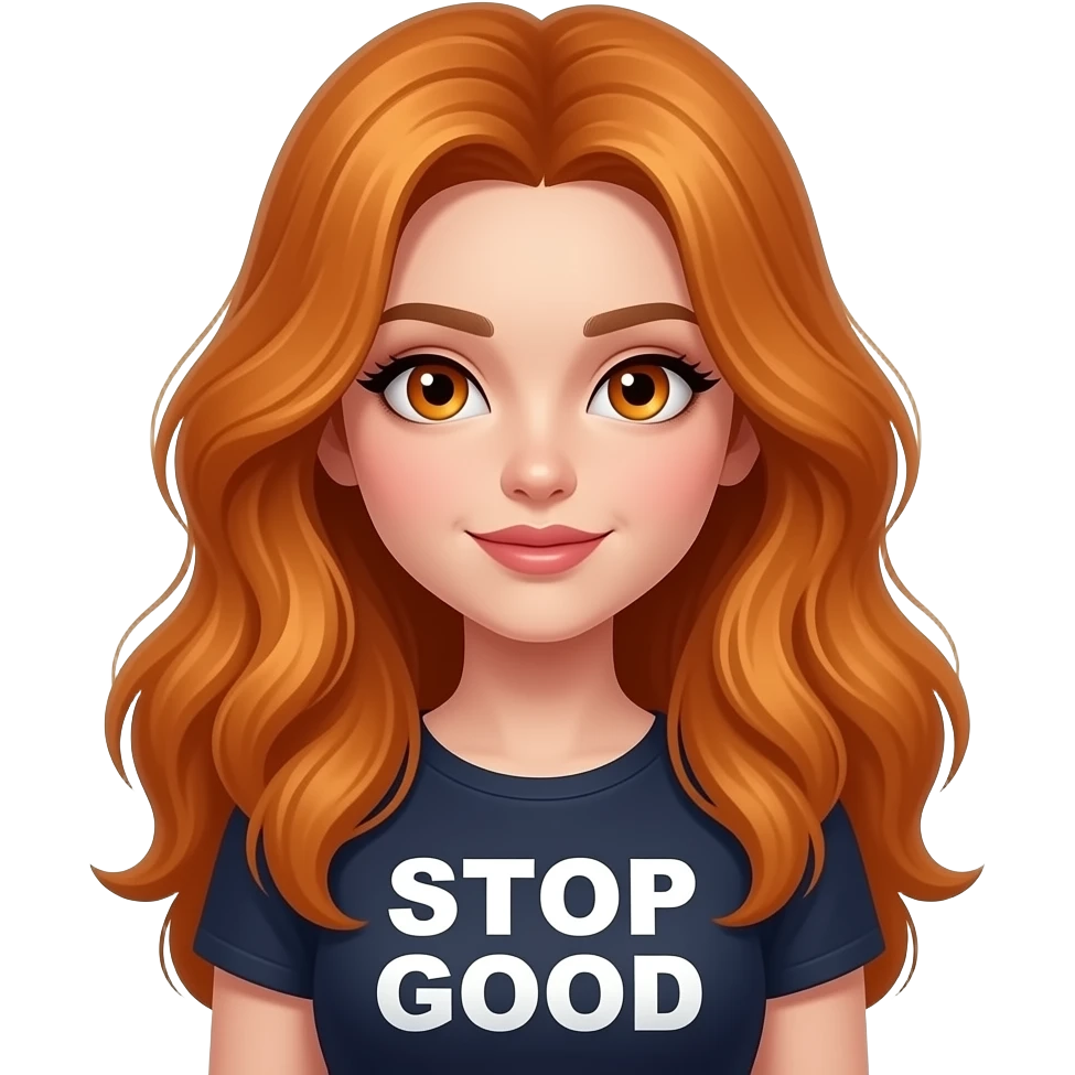 sexy girl with overlong ginger hair and ginger eyes a top with STOP looking so GOOD written on it emoji