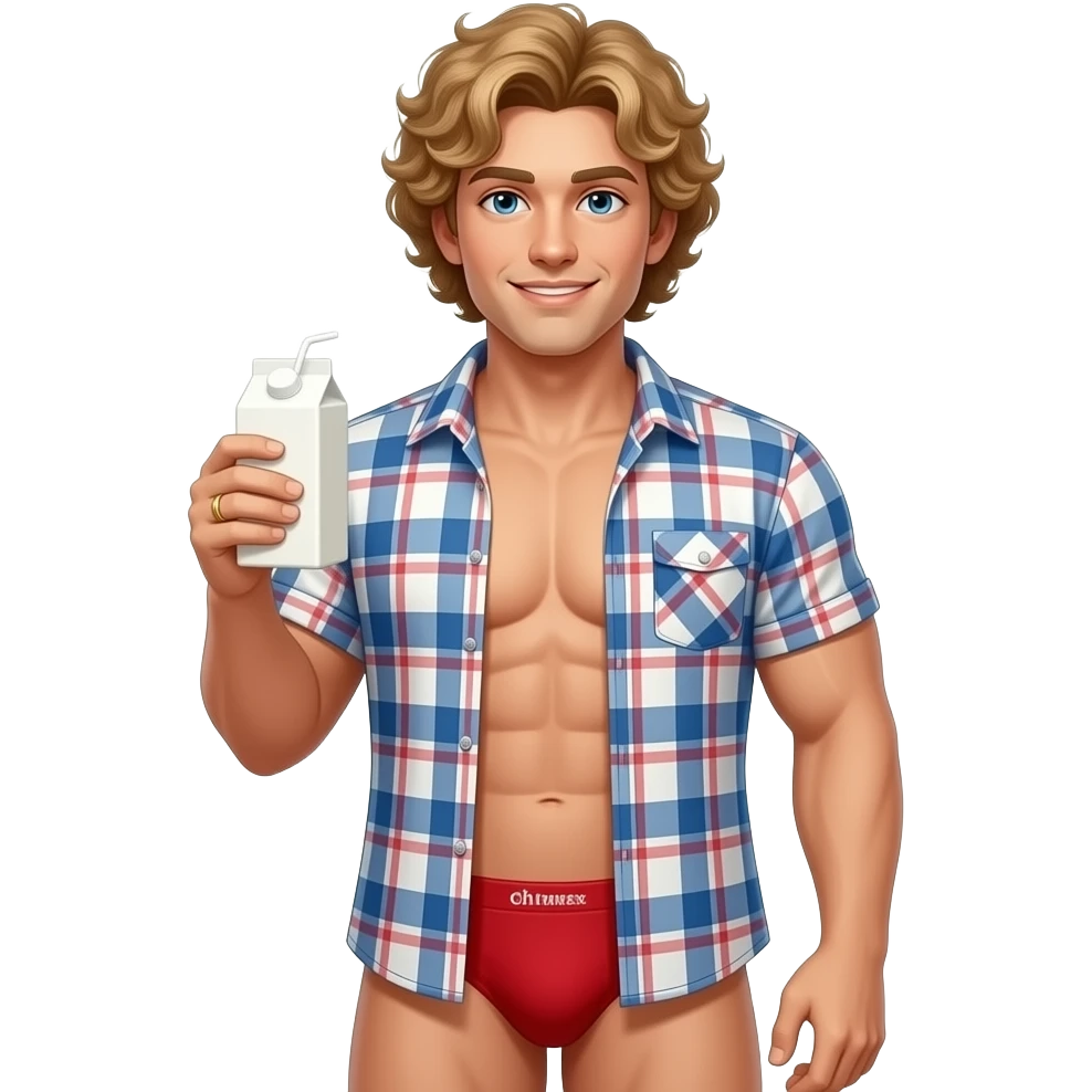 Sexy blond curly haired muscle man in plaid shirt and red thong holding milk carton with gold band on finger emoji
