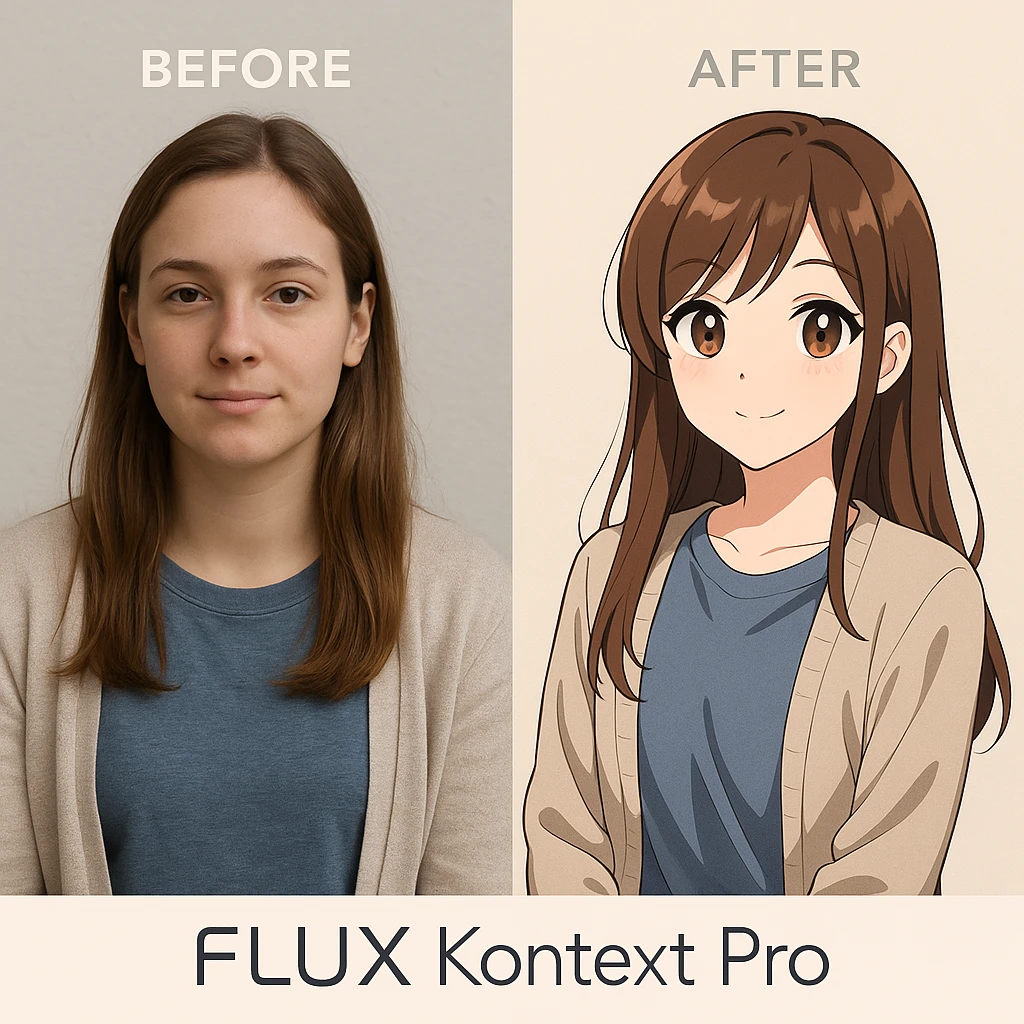 create before after image of a girl before is realsitic photo, after is anime version of her in same pose and clothes, add logo with text of a "FLUX Kontext Pro" emoji