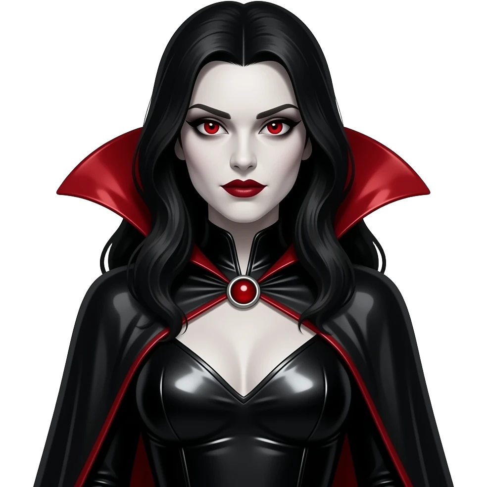 Countess Dracula from Horror Film Heroes and Villains with red eyes, long black hair, black metallic black caftan dress, dark red metallic cape emoji