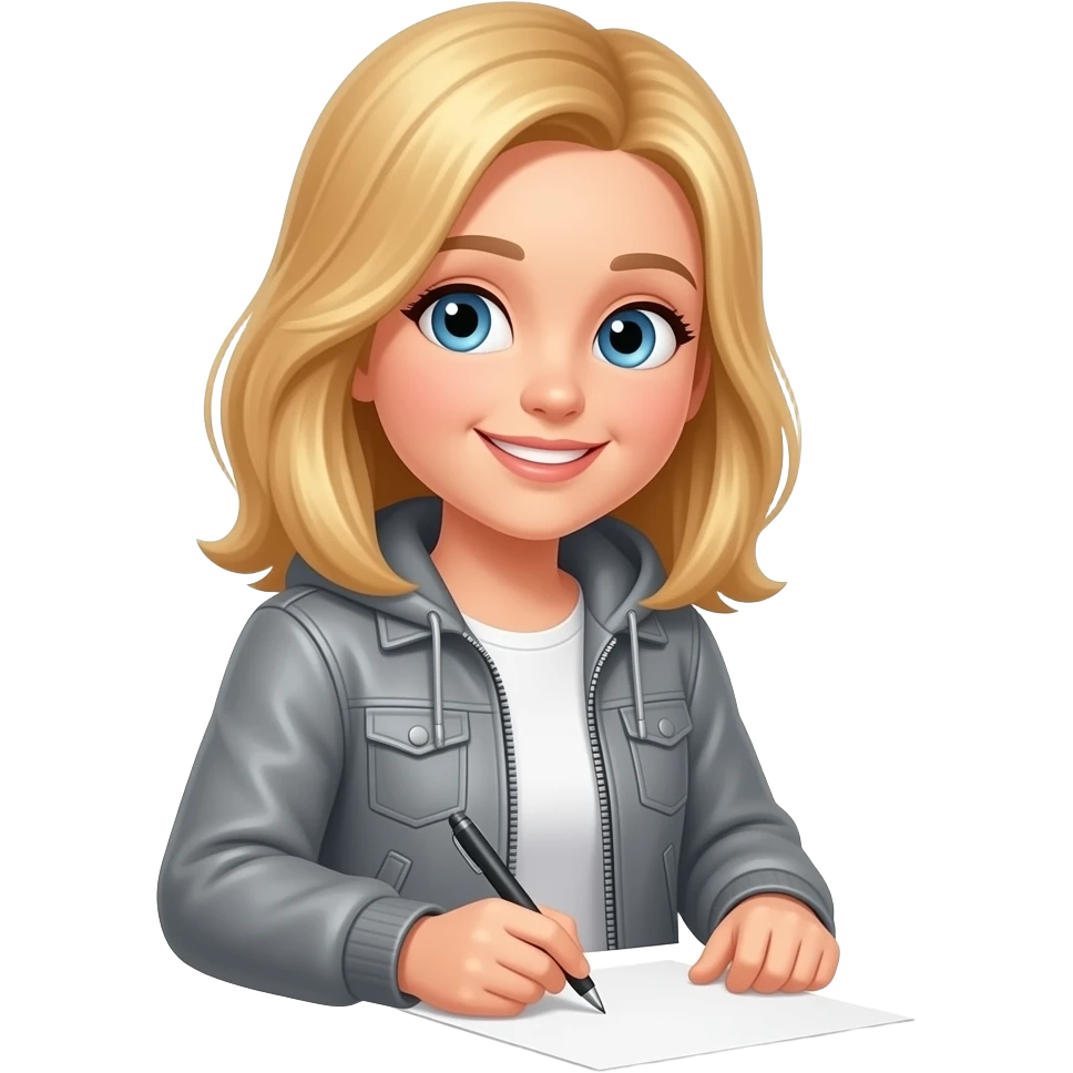 blond girl with medium length hair and blue eyes, smiling, wearing gray jacket, writing on a paper emoji