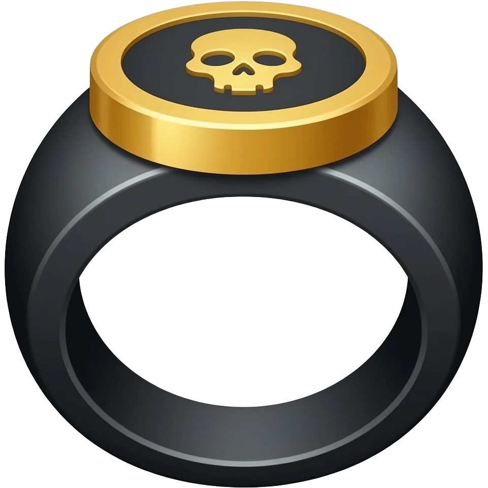 flat icon of a mafia signet ring, simple band with flat top, tiny engraved symbol (crown or skull), black dominant with small gold accent, thick outline, no details, no gradients, no background, centered, fills canvas, emoji sty emoji