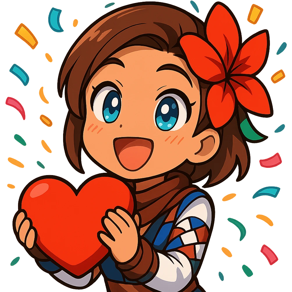Azucena from Tekken 8 in chibi sticker style, excited with confetti in a celebration pose, designed for Twitch emote use. emoji