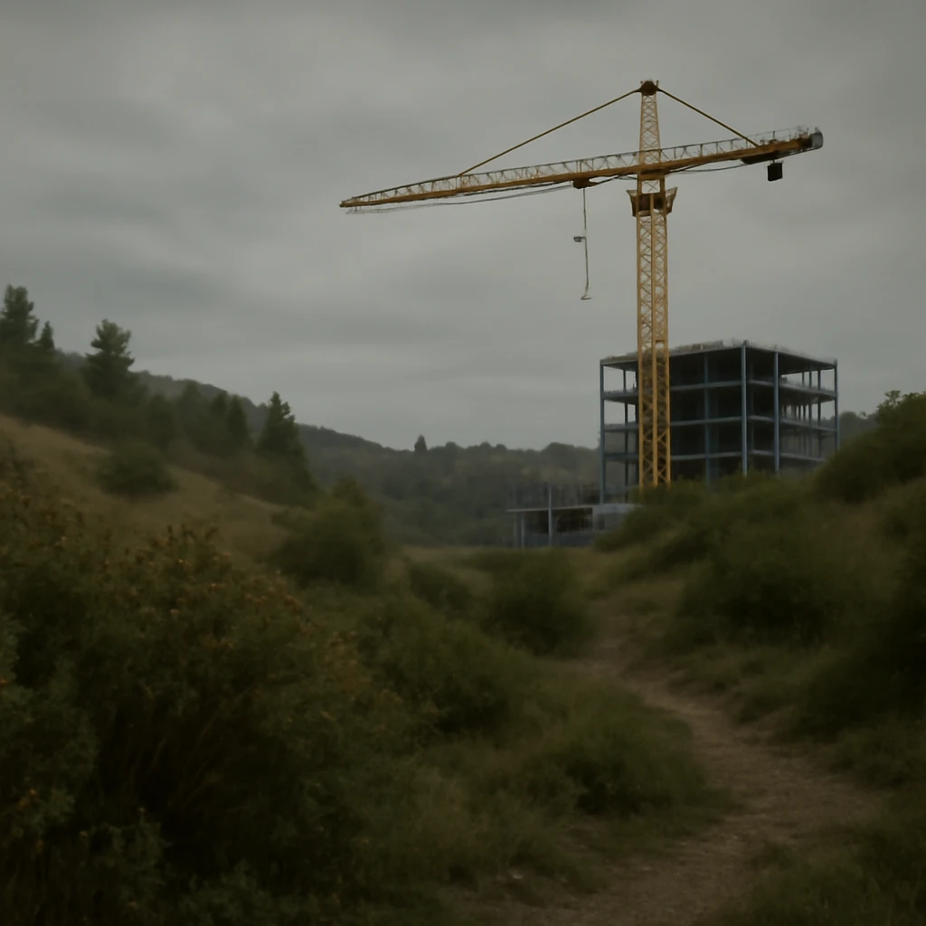  a scene amongst hills and bushes in the game DAYZ with a construction site and tall yellow crane in the background, screenshot, overcast day, videogame graphics, enfusion engine, arma 2 emoji