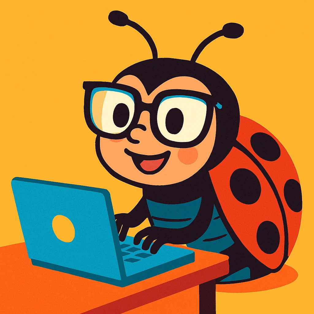 a nerdy ladybug with glasses typing on a laptop, cartoon style, vibrant toon, colorful, playful, cheerful emoji