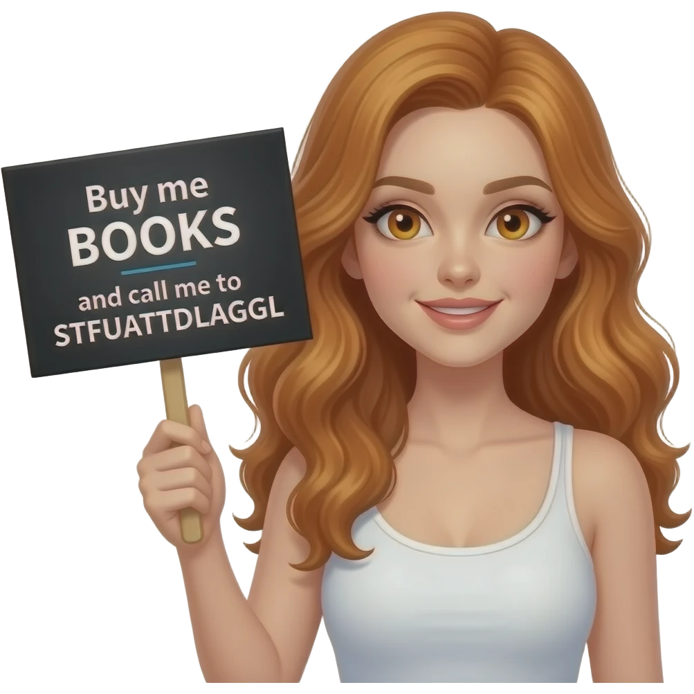 sexy girl with long wavy ginger hair and ginger eyes wearing a white tanktop is holding a black colored sign with Buy me BOOKS and call me to STFUATTDLAGGL written on it emoji