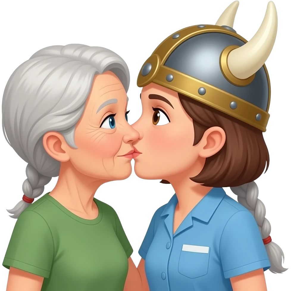 Viking helmet no strap on gray braids old woman kissing old woman shortest hair brunette old nurse emoji