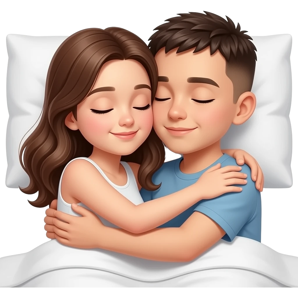 Ahora AZ a una chica y un chico en la cama tapados abrazándose y pegados cuerpo a cuerpo la chica pelo largo y marrón y el chico pelo corto y muy pocisimo rizao emoji