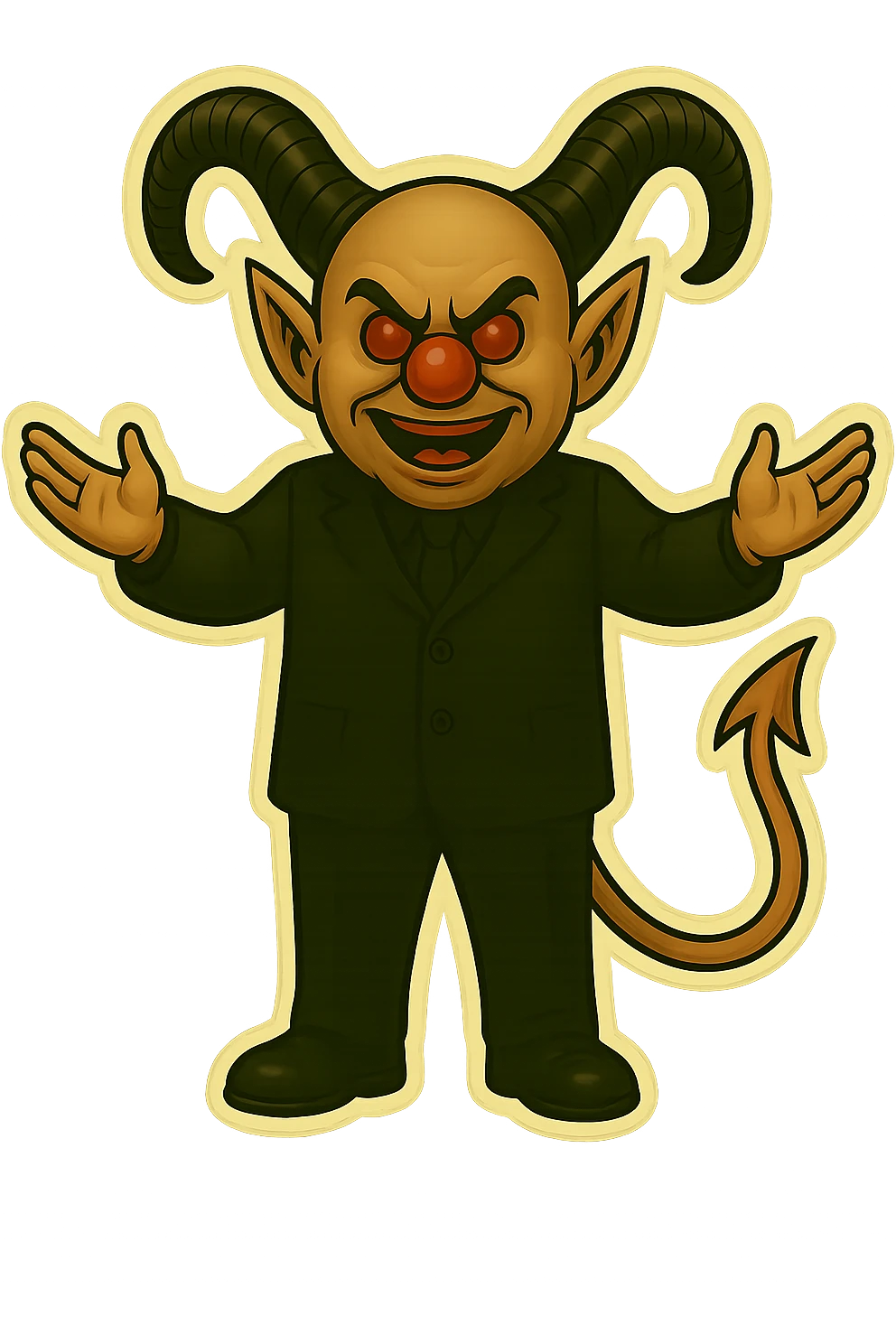 Evil clown wizard in retro sticker style, transparent background, arms outstretched as if welcoming, wearing an all black suit, no pentagrams. Use the reference images for face, horns, and tail. emoji