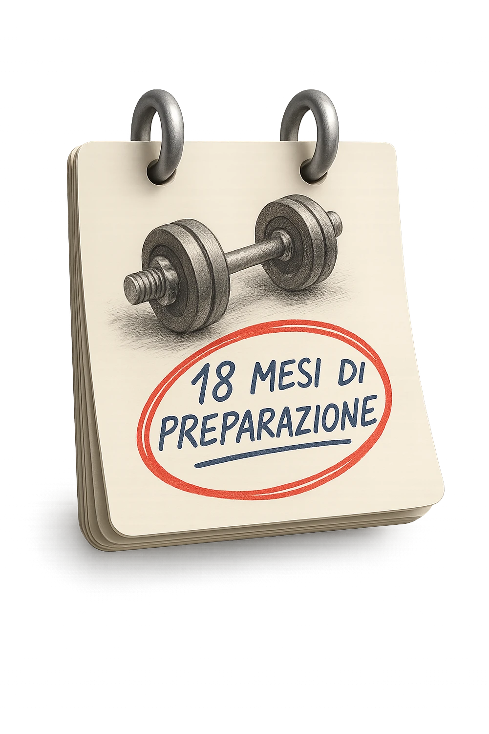 foglio di calendario con manubri da palestra disegnati e la scritta a penna "18 MESI DI PREPARAZIONE" CERCHIATA IN ROSSO, FALLO MOLTO REALISTICO IN 3D emoji