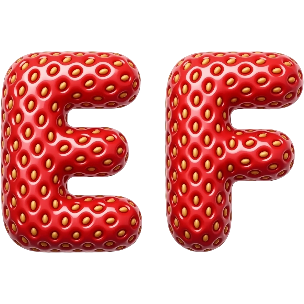 👉  TWO"letters E and F made of strawberry texture, realistic strawberry seeds and red color, 3D glossy, cute cartoon style, smooth rounded shapes, isolated on white background, high detail" emoji