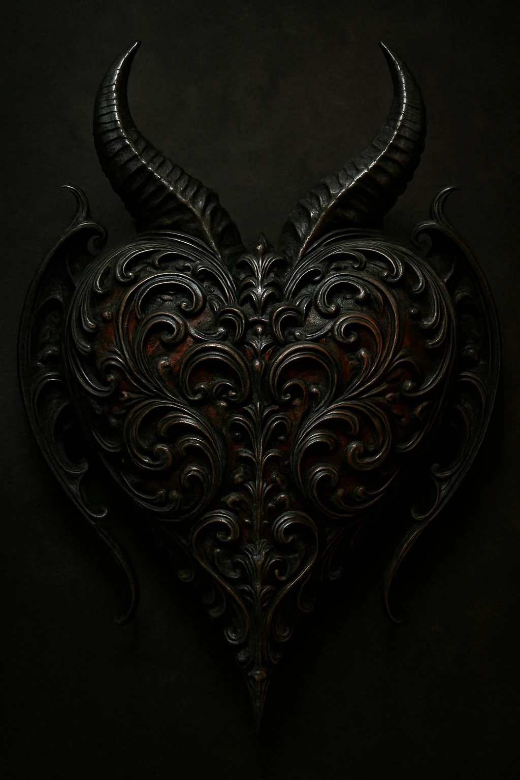 Create a gothic devil heart with even more intricate, baroque details, using a black and deep red palette. The lighting should be dramatic, and the design ornate and mysterious. emoji