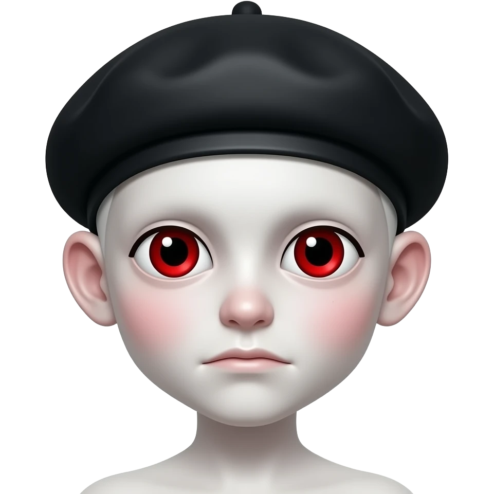 사악한 흰 피부. 붉은동공. 살색 큰 귀. 큰 눈. 붉은 눈. 붉은 홍조. 무표정. 사악한 검정비니 emoji