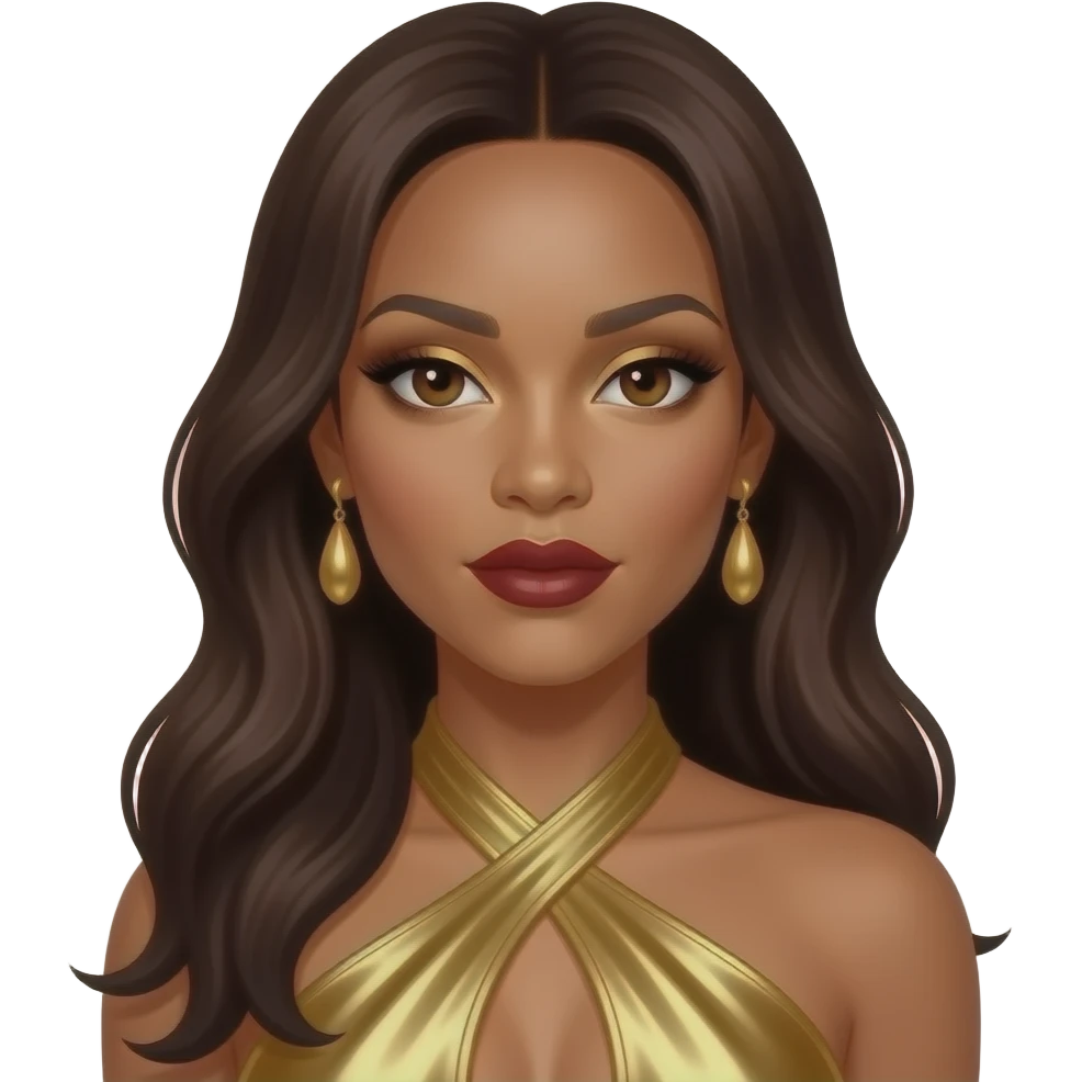 Kelly Rowland from Destiny's Child with dark brown eyes, long dark brown hair, gold eyeshadow, dark red lipstick, gold metallic halter dress, gold earrings emoji