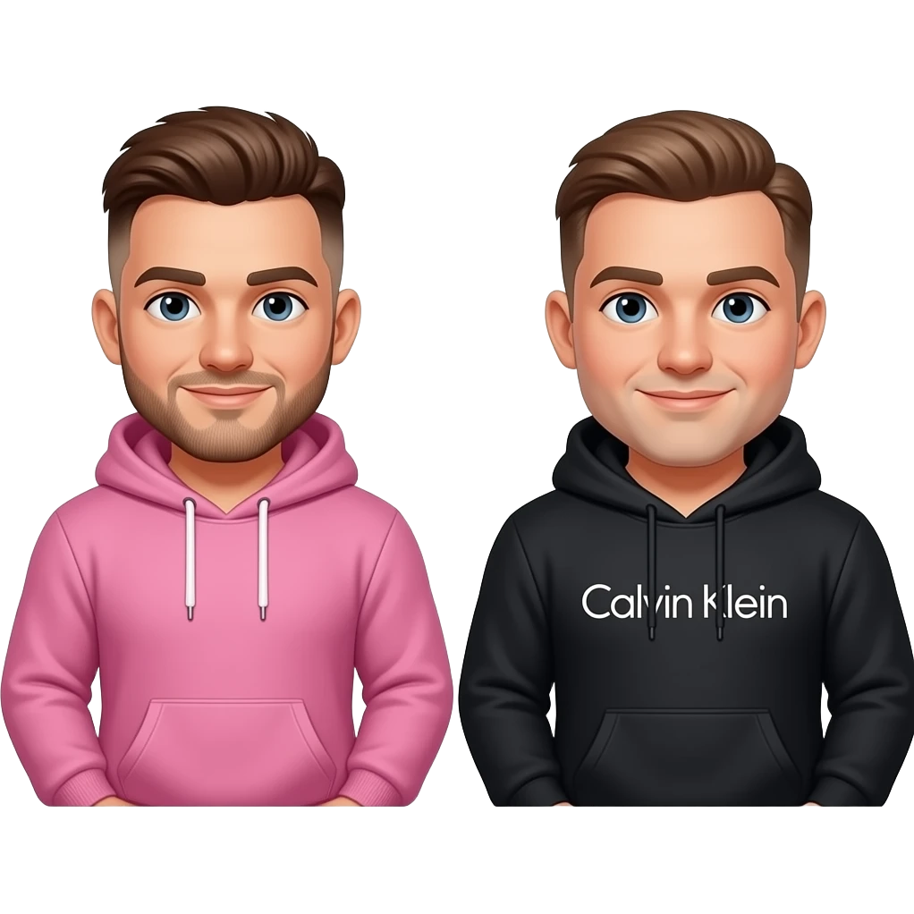 Make a tan muscular man wearing a pink hoodie with a brown low taper fade and a chubby white guy with a black Calvin Klein sweatshirt emoji