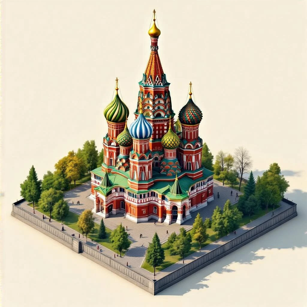 Изометрическая фотореалистичная иллюстрация-модель Собора Василия Блаженного, вид чуть сверху, баланс между стилизацией и реализмом, эффект миниатюры, слегка рисованный, прозрачный фон emoji