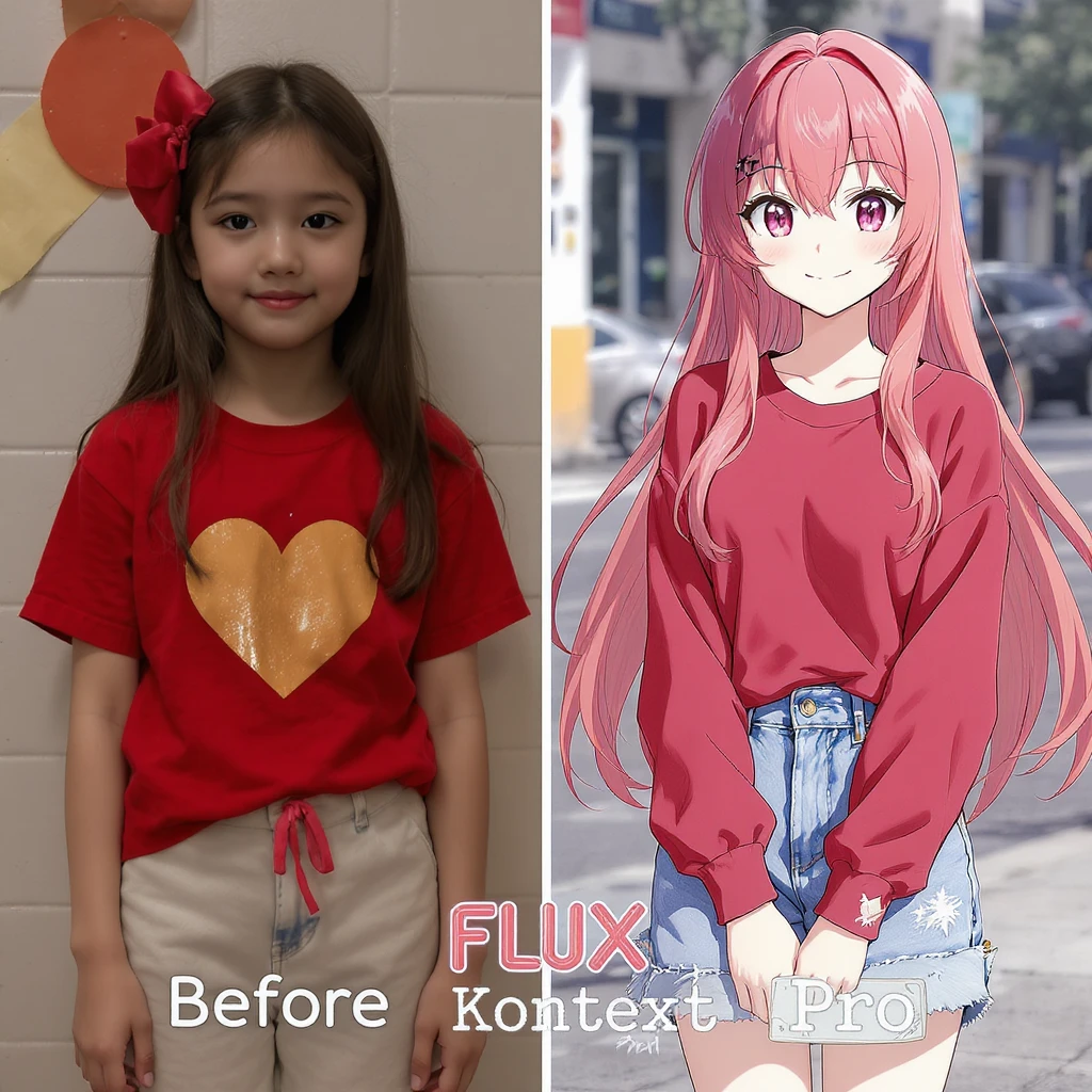create before after image of a girl before is realsitic photo, after is anime version of her in same pose and clothes, add logo with text of a "FLUX Kontext Pro" emoji