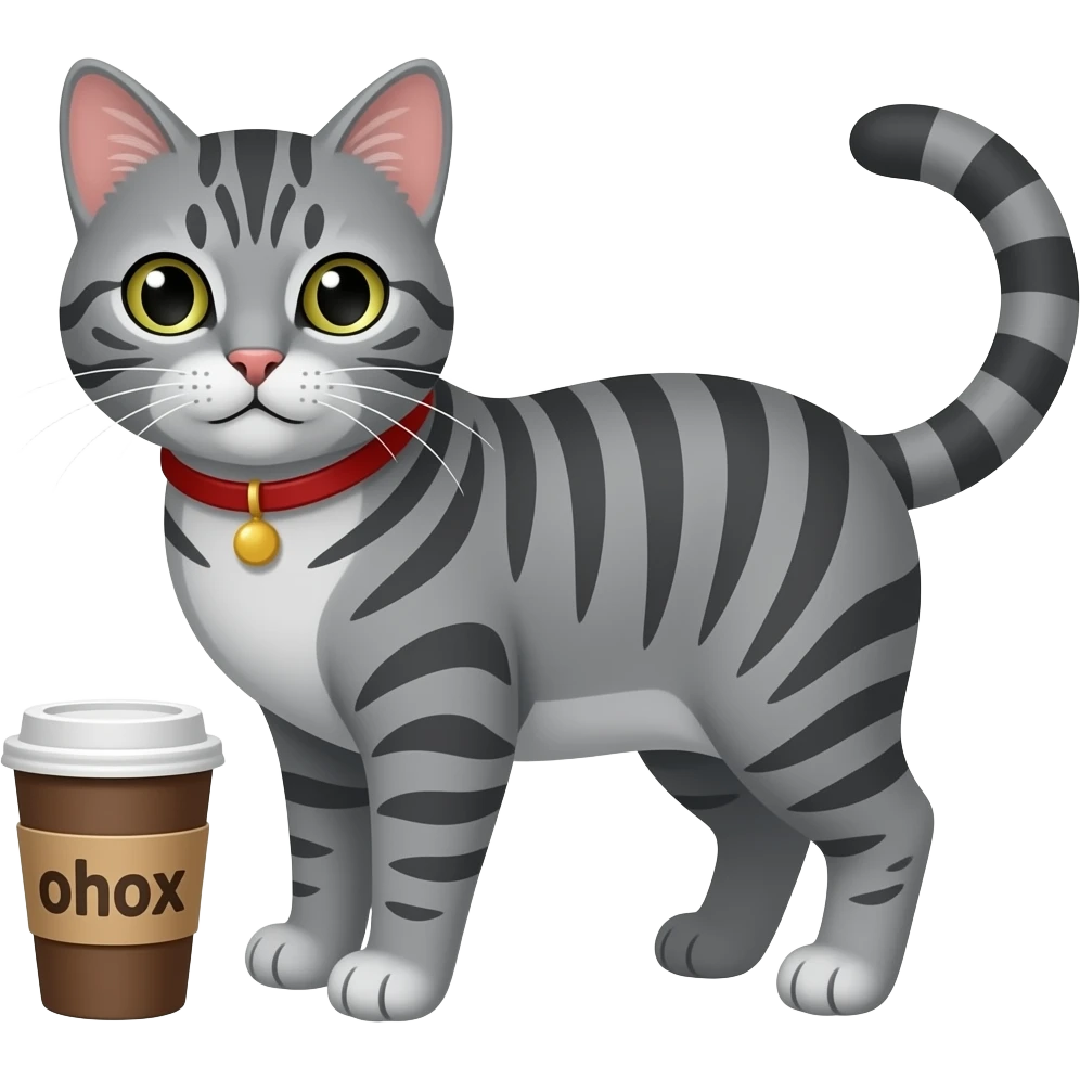 grey striped cat with coffee emoji