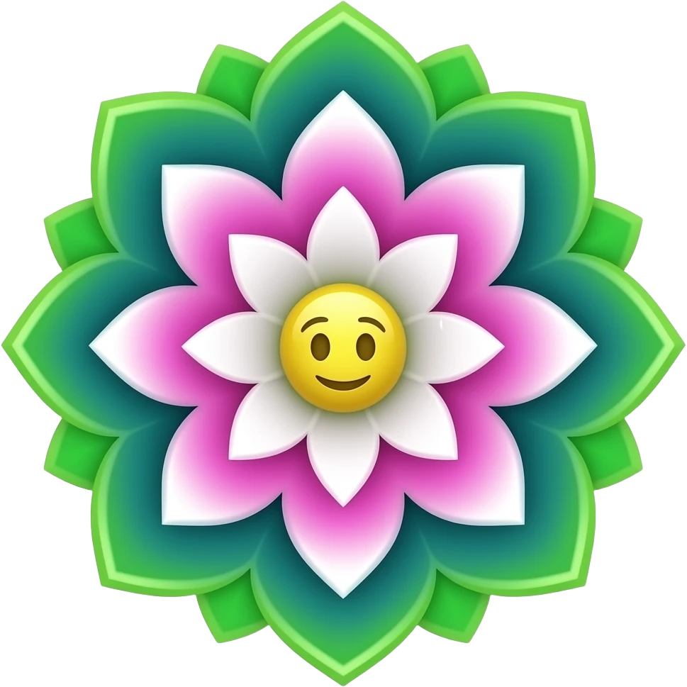 Hyper-realistic neon lime green to dark teal, to fuchsia pink, to white, flower mandala pattern, high definition, no emoji faces, no emoji icons, no human figures. emoji