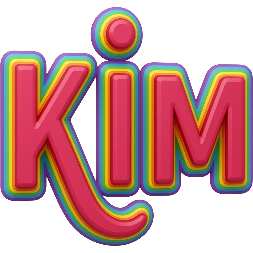 name "Kim" in raspberry red 3D style typography lettering, each color of the rainbow as a border outlined around each letter, isolated, 3d rendering, no emoji icons no emoji faces and must have no human figures emoji