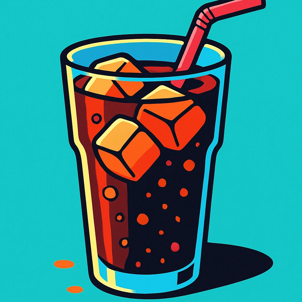clean, vibrant color cartoon illustration of a glass of cola with ice and a straw, in a modern, TikTok-inspired style, minimal background, bold highlights emoji