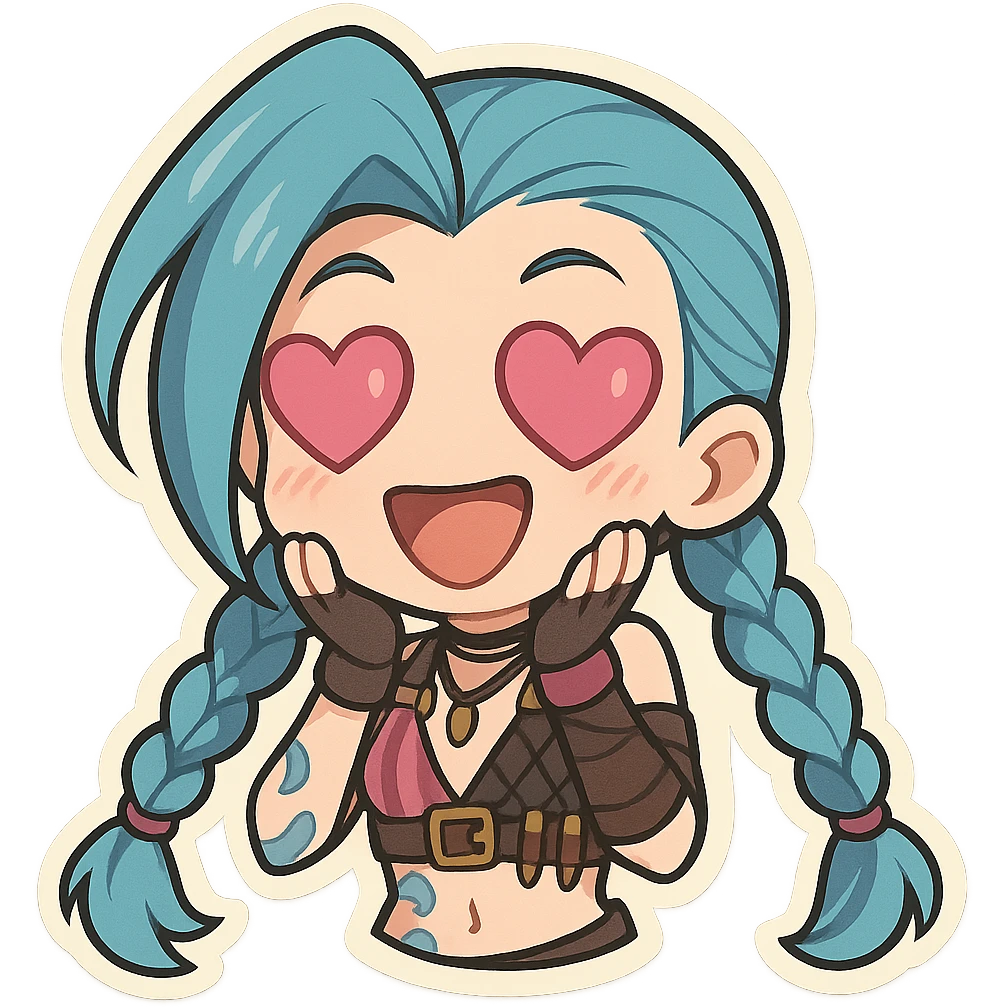 Jinx from League of Legends with heart-shaped eyes, chibi style emoji