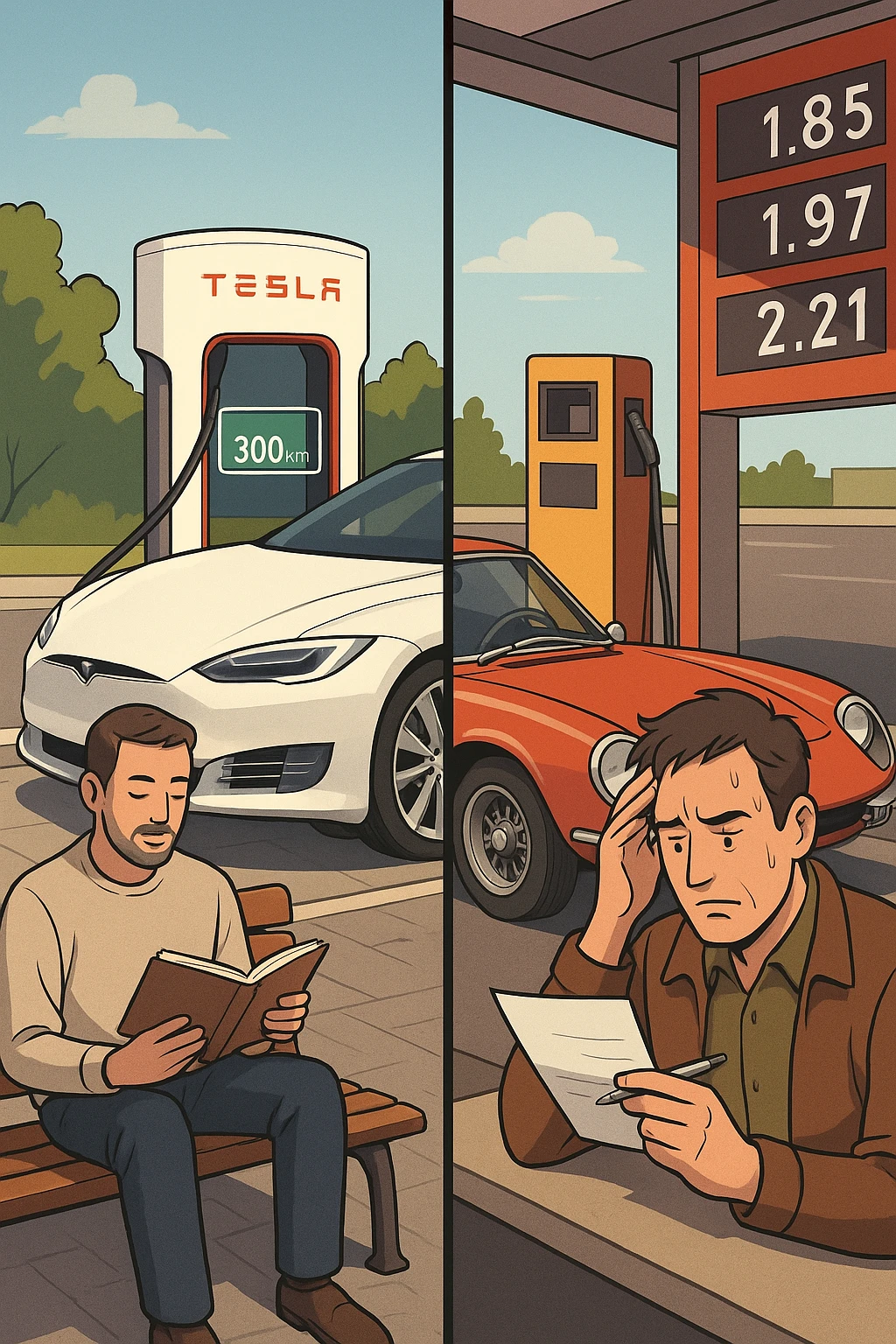 "Tesla Model S at charging station with owner reading book peacefully, battery indicator showing sufficient charge for 300km journey, versus vintage Italian sports car at gas station with owner anxiously calculating fuel costs, pump prices visible showing expensive gasoline, stress lines on traditional car owner's face, modern vs classic automotive philosophy clash" emoji