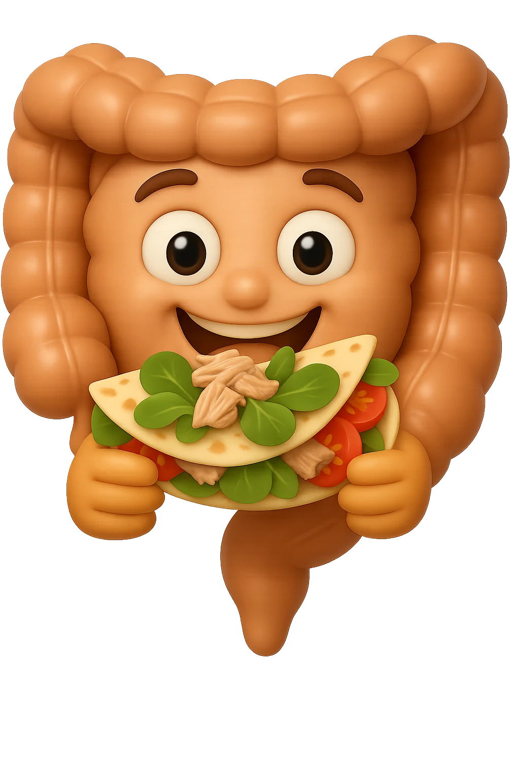 EMOJI STILE IPHONE DI un intestino che mangia una piadina con tonno, valeriana e pomodorini, iperrealistica 4k emoji
