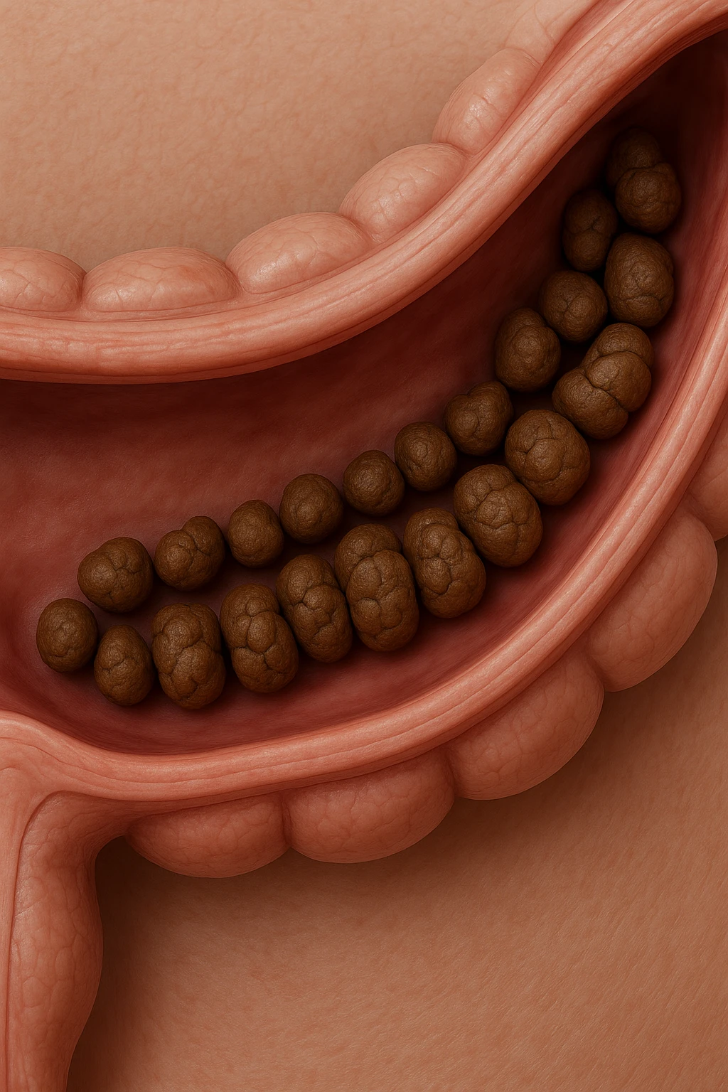 colon umano anatomico con feci a pallini all'interno, stipsi, iperrealistico 4k emoji