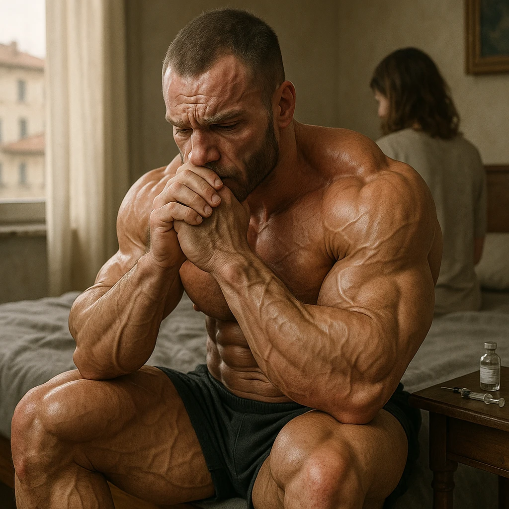  bodybuilder che fa cicli senza base di testosterone, con problemi intimi legati alla coppia, iper realistica, in italiano se usi testo emoji
