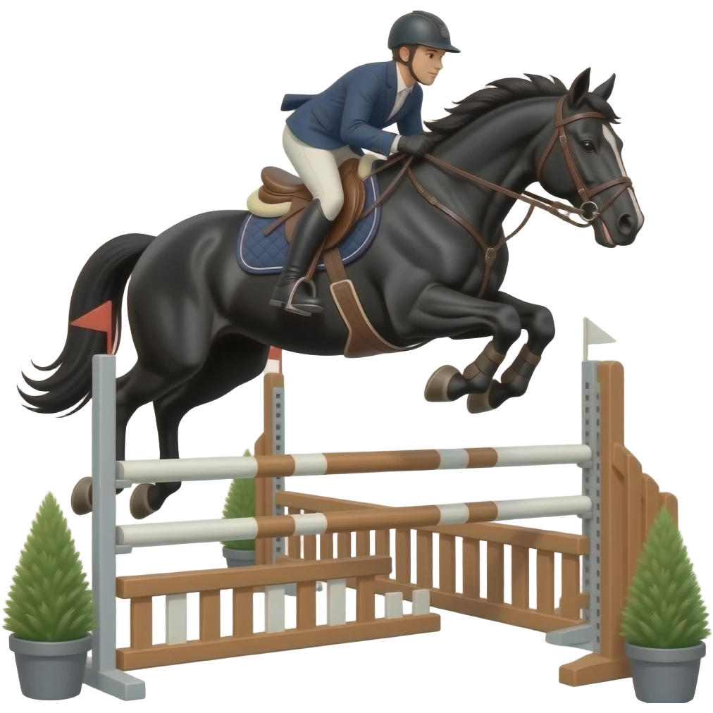 Caballo negro bonito con montura y un jinete; y saltando un salto emoji