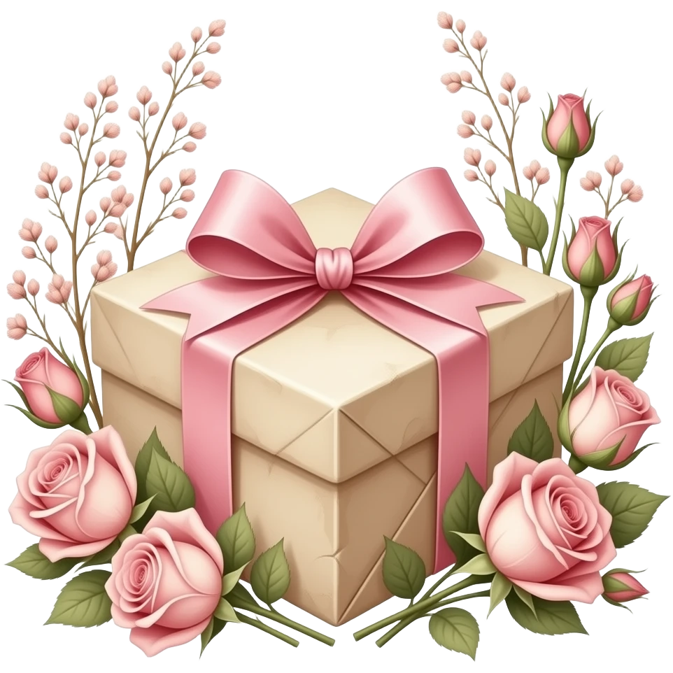 A weathered parchment-wrapped gift, secured with a Cherry Blossom Pink silk bow, lies nestled among dried sprigs of Coral Pink and Champagne Pink roses, their scent mingling with the faint trace of pastel pink aged paper. emoji
