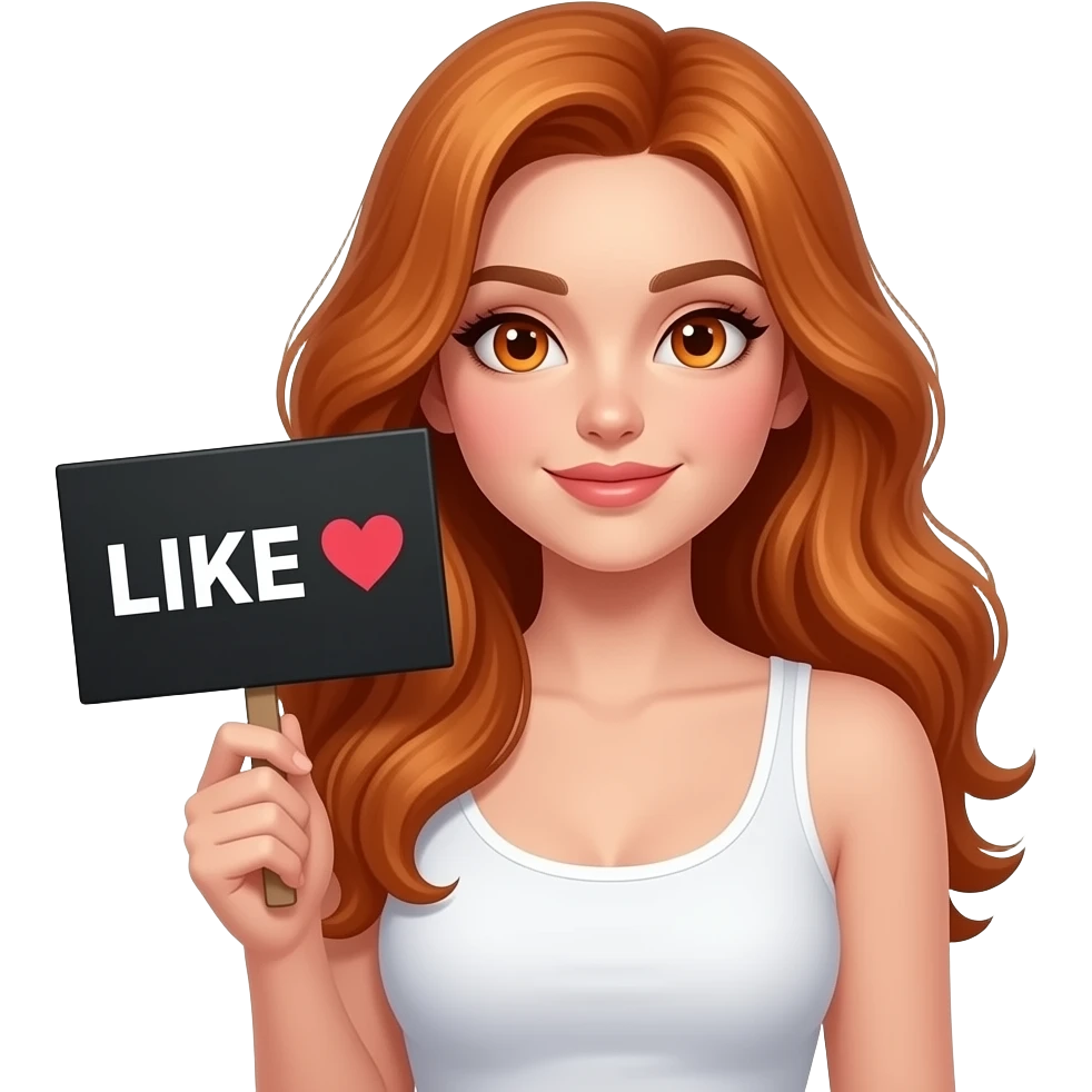 sexy girl with long wavy ginger hair and ginger eyes wearing a white tanktop and holding a black sign with LIKE 🧡 written on it emoji