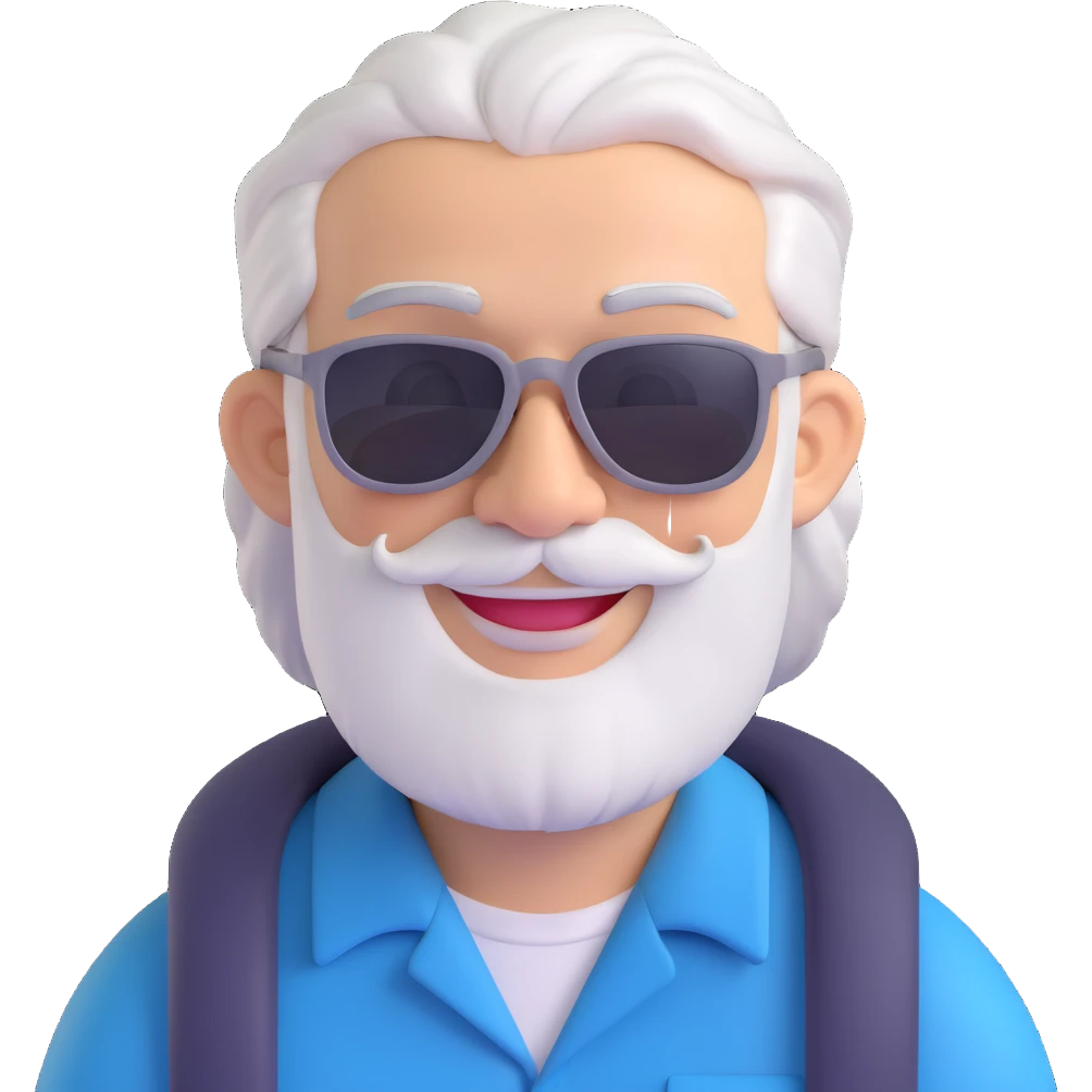 smiling middle-aged man, pilot, silver hair, beard, fair skin, sunglasses emoji