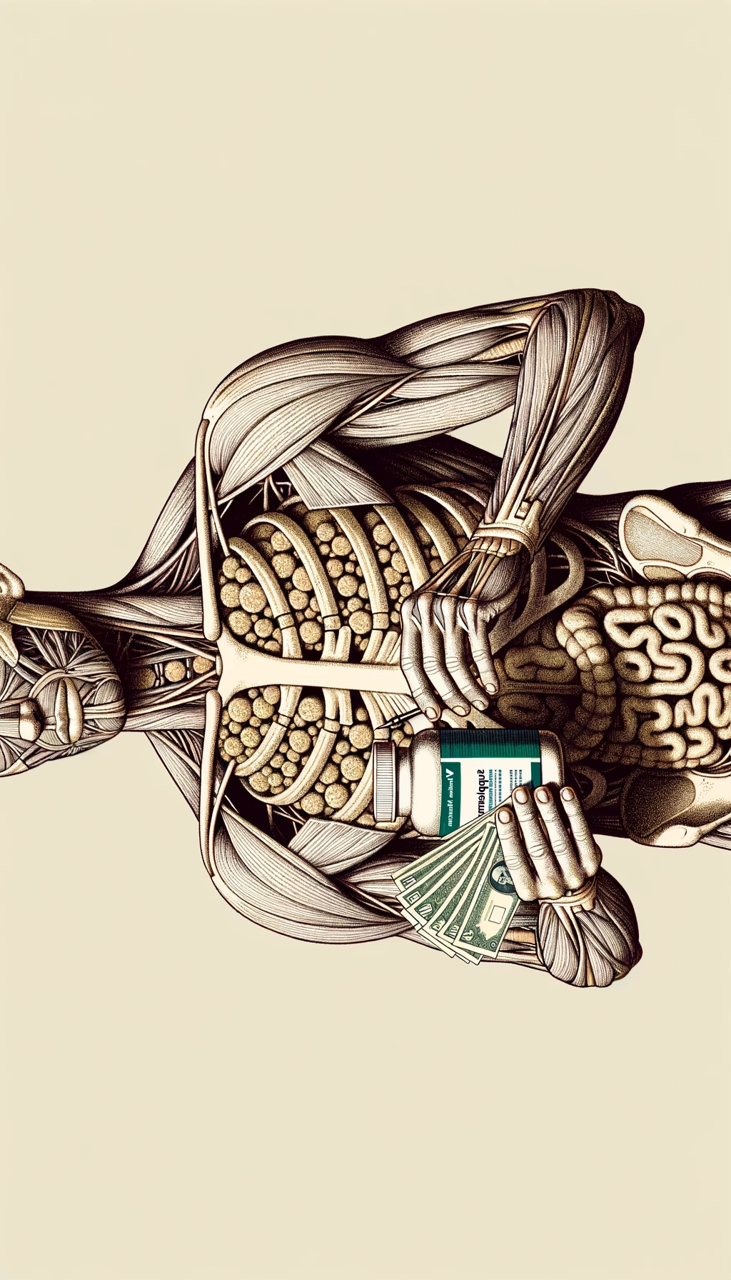 corpo umano anatomico che tiene nella mano destra una boccetta di integratore e nella mano sinistra delle banconote, sfondo neutro chiaro emoji