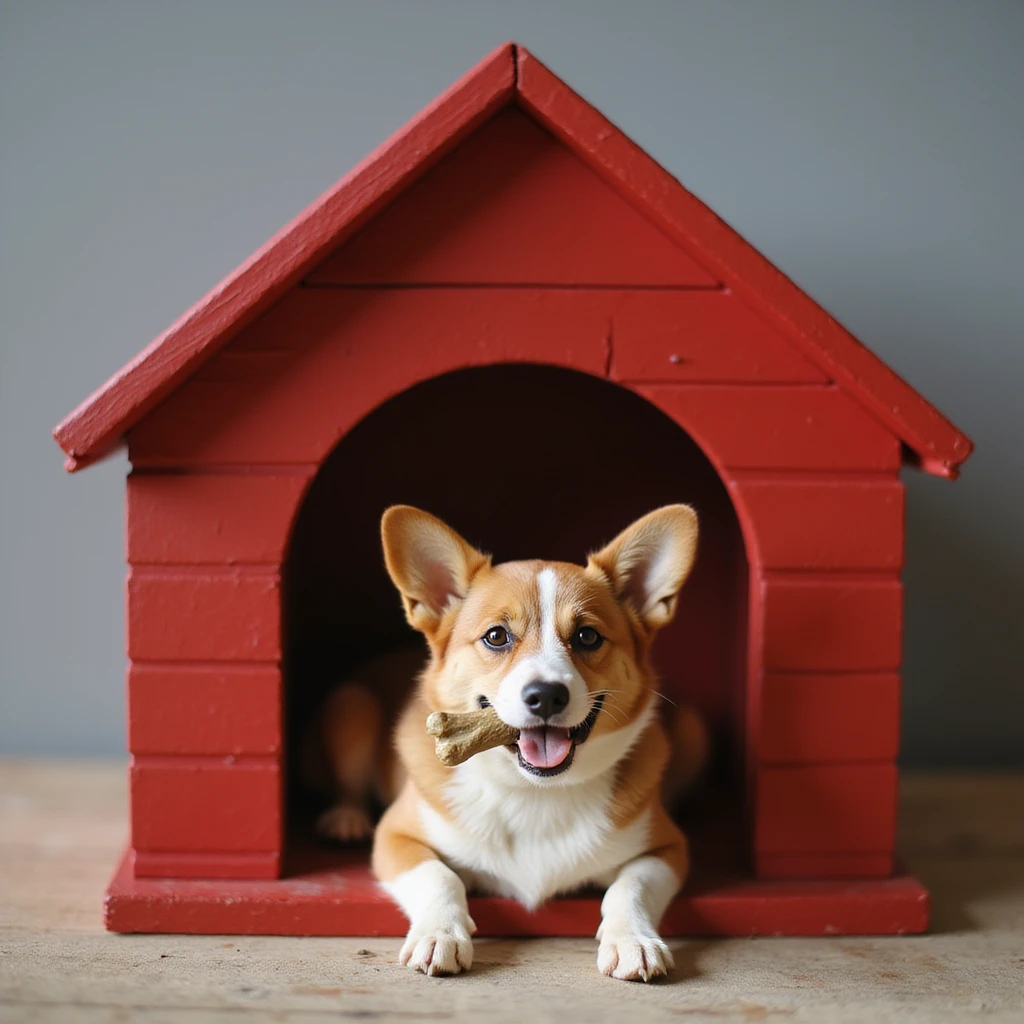 realistic red dog house with a Corgi dog inside, Corgi with a chew bone, photorealistic style emoji