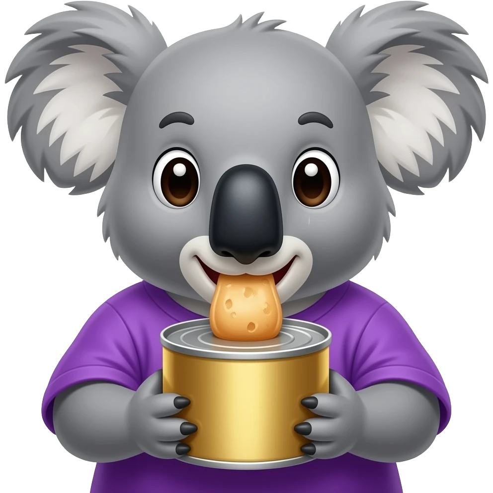 koala eating very large canned food, wearing purple  cloth,  closeup emoji