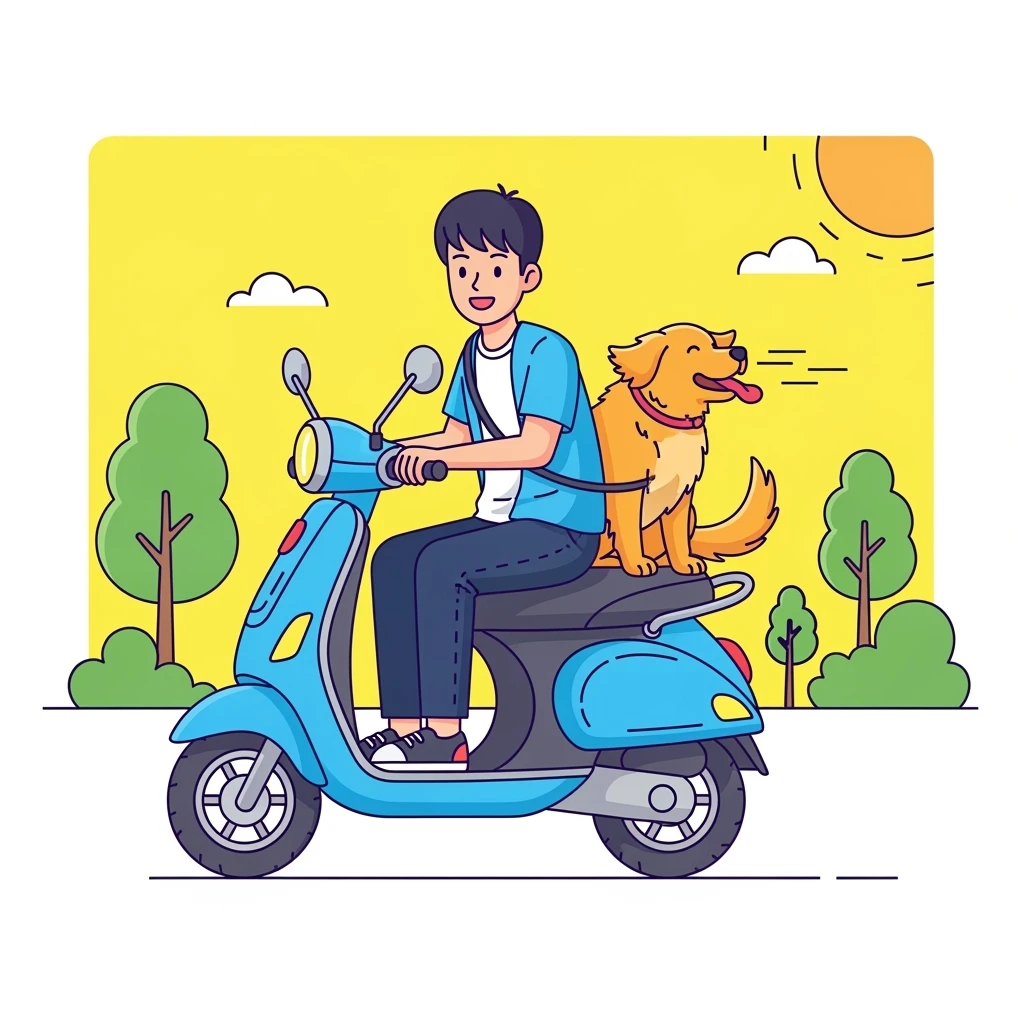 color vector art with thin outline of man and pet dog riding a scooter emoji