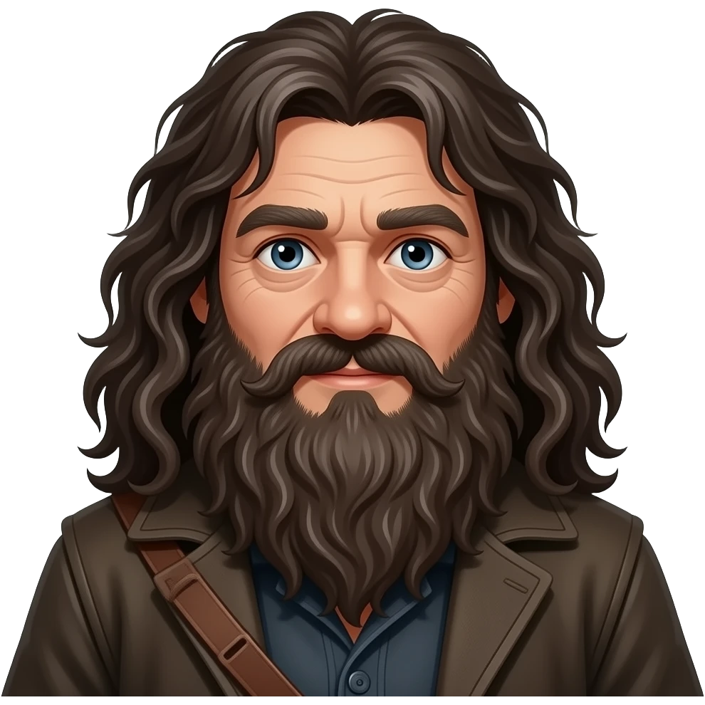 Rubeus Hagrid emoji, Apple style, clean 3D, soft gradients, large bearded man, wild dark hair, kind eyes, rugged clothing, minimal icon, centered, white background, high detail emoji