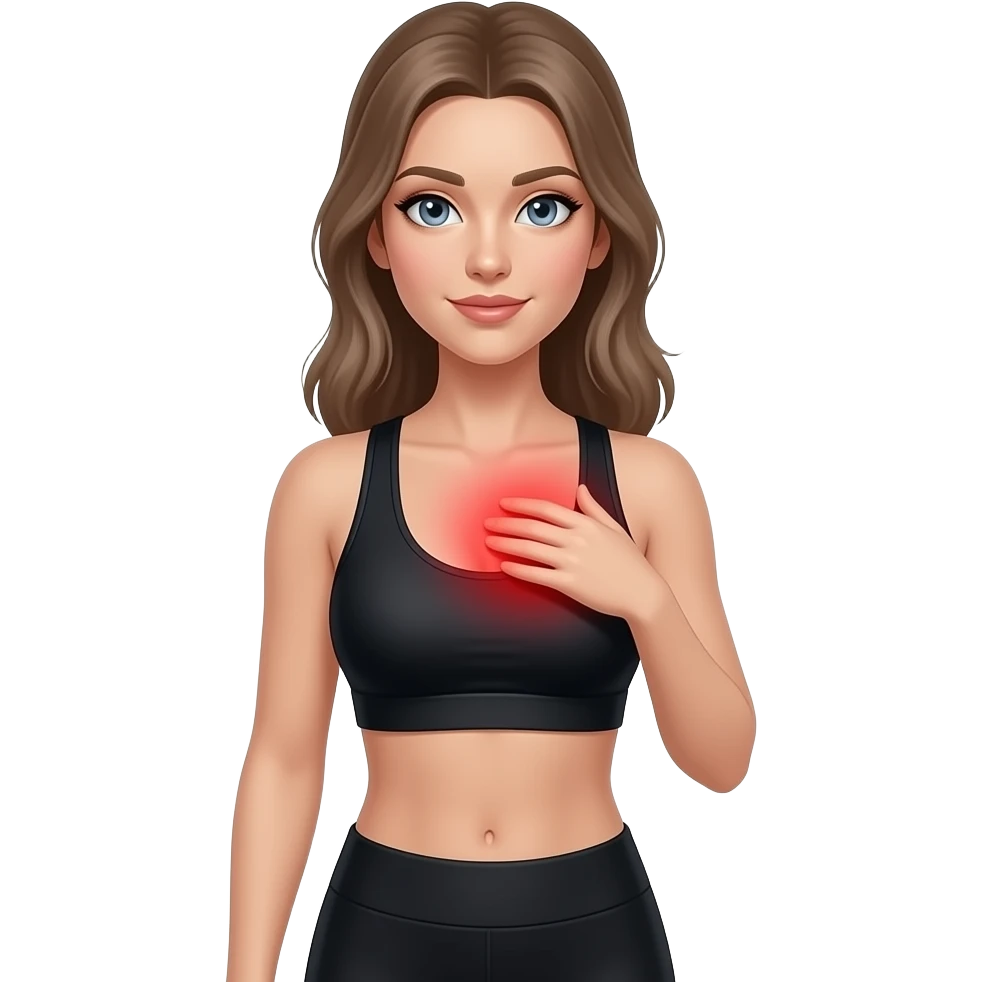 chest tension, full red glow covering the entire chest area, woman touching upper chest, fair-skinned woman, gray-blue eyes, ash brown brows, ash light brown hair tied back, slim athletic body, black workout set emoji
